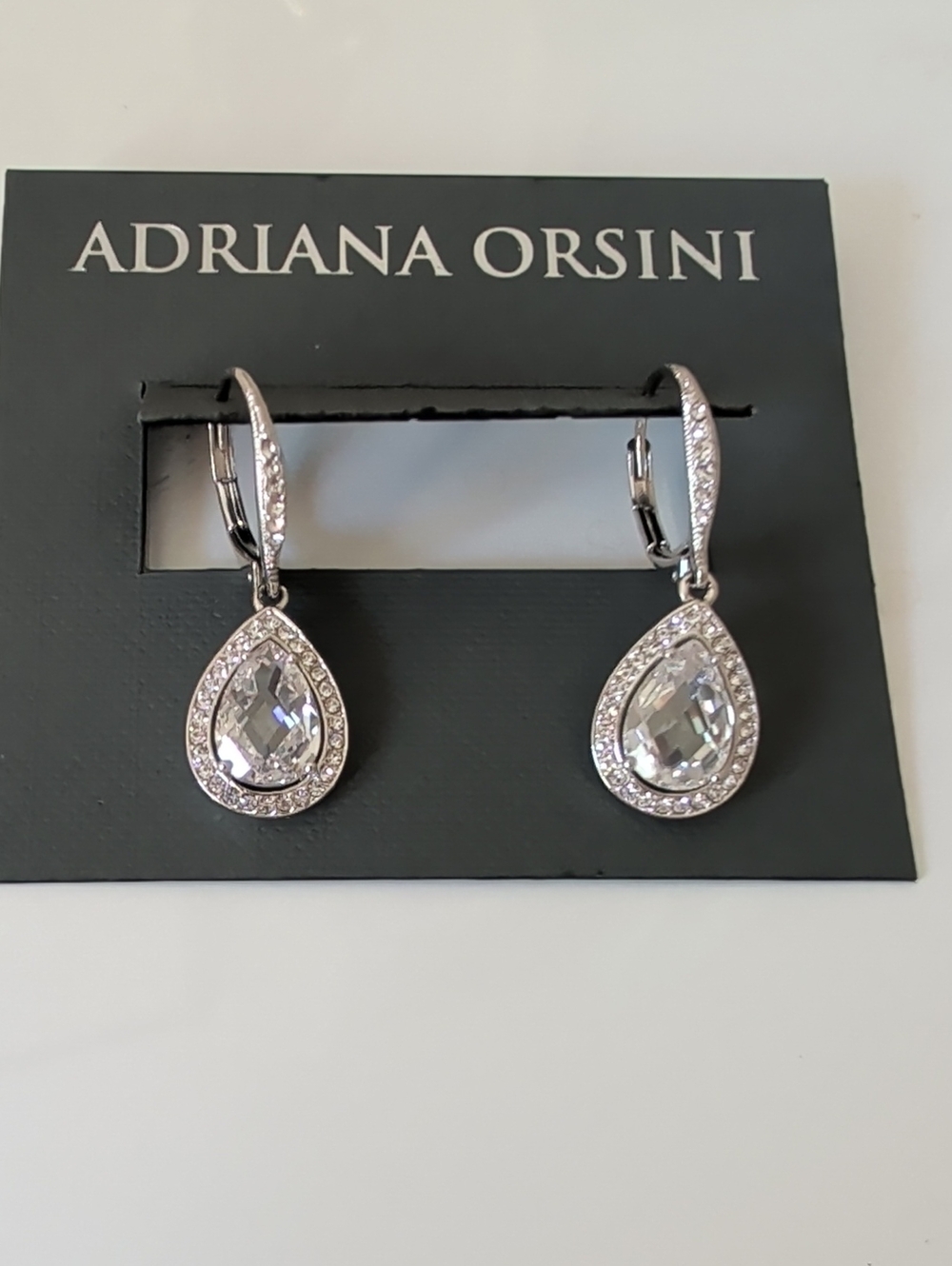NWT Adriana Orsini Silver Teardrop Crystal Drop Earrings